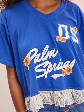 Free People Royal Blue 'Palm Springs' Graphic V-Neck Top with Lace Hem